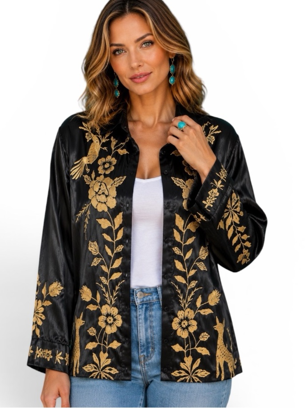 Johnny Was heavily embroidered Martina Silk-Blend Oversized kimono blouse/jacket